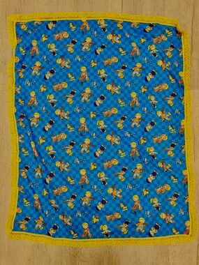 Vintage Bob the Builder Handmade Baby Blanket 2002 Blue Cotton Yellow Lace Trim